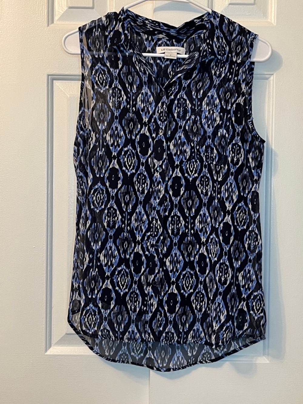 Liz Claiborne Lined Sheer Collared Sleeveless Blouse Tank Geometric Navy Blue S